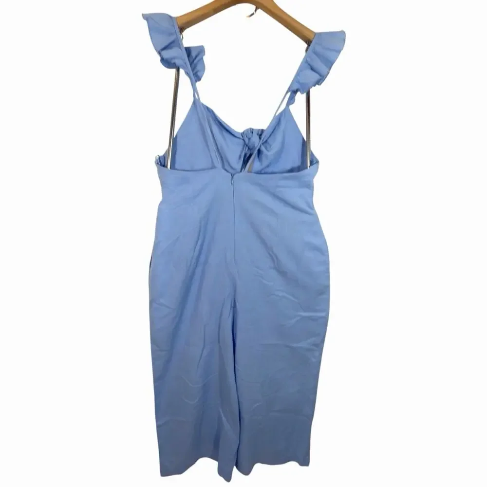 Zara Cottagecore Linen Blend Blue Cutout Wide Leg Romper Sz L Ruffle and Cut-Out